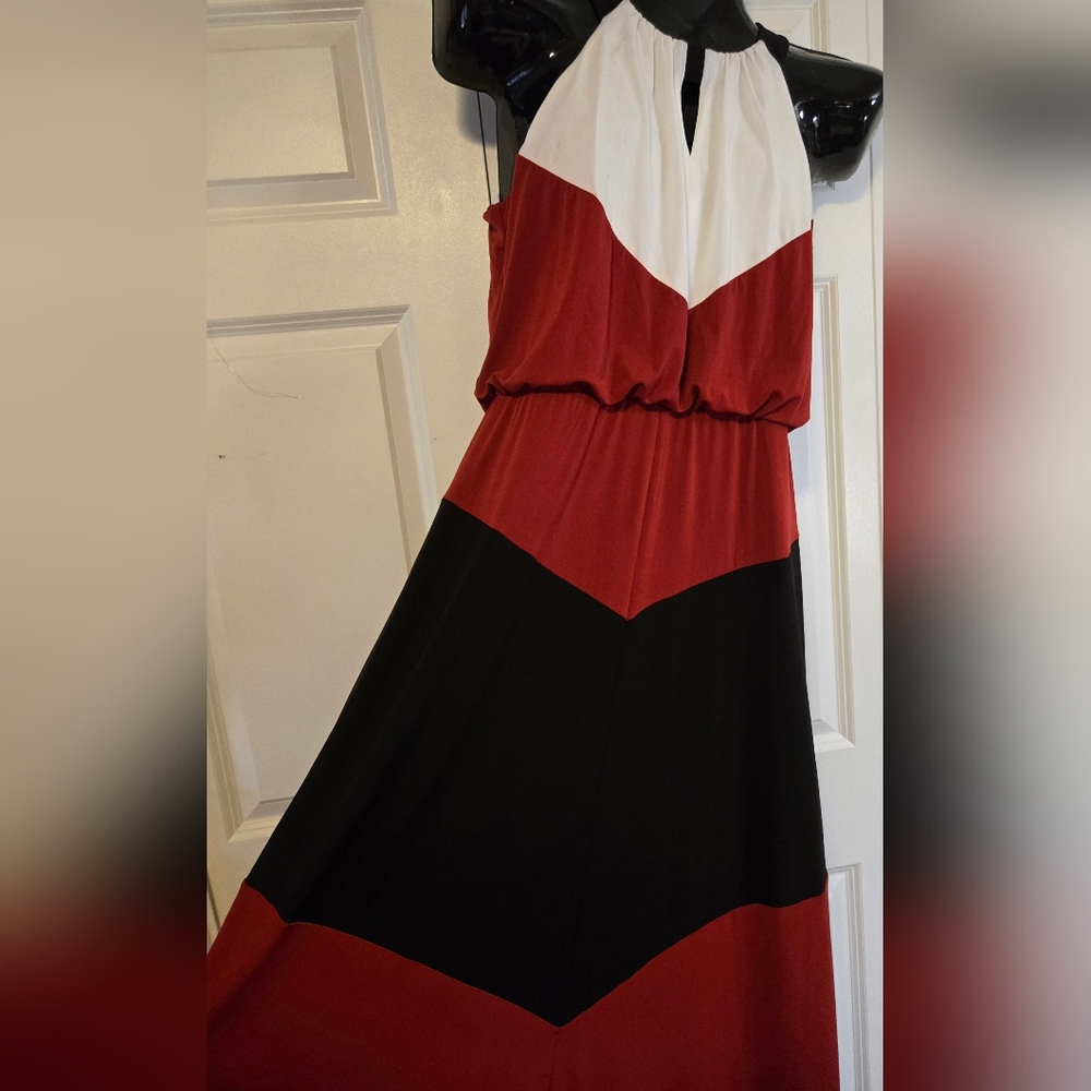 NWT Elegant Red, Black, & White Color Block Chevron Halter Dress